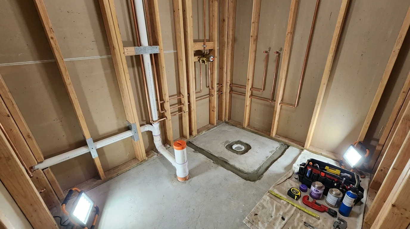 Bathroom rough-in plumbing during remodel by Johns Plumbing LLC in Sanger