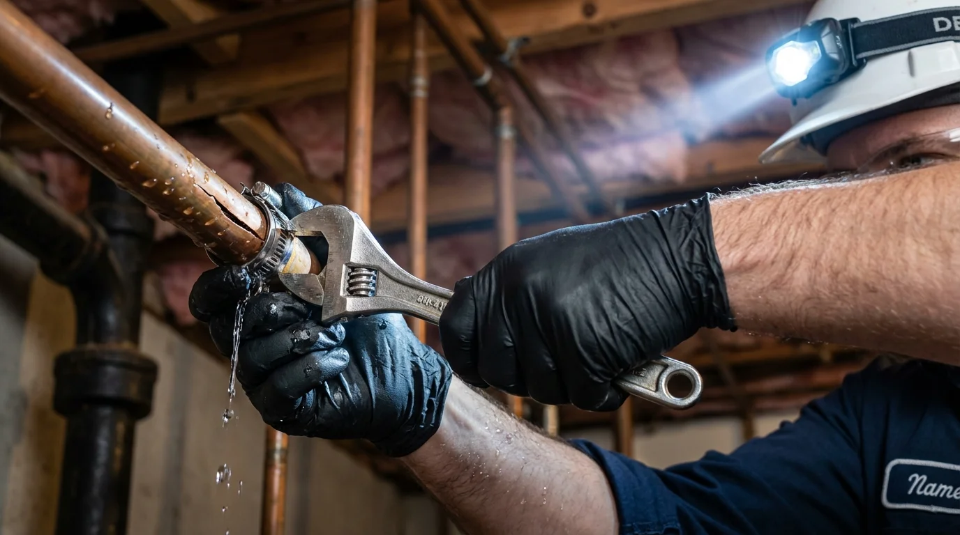 Emergency pipe clamp repair being performed by a Johns Plumbing LLC plumber in Sanger