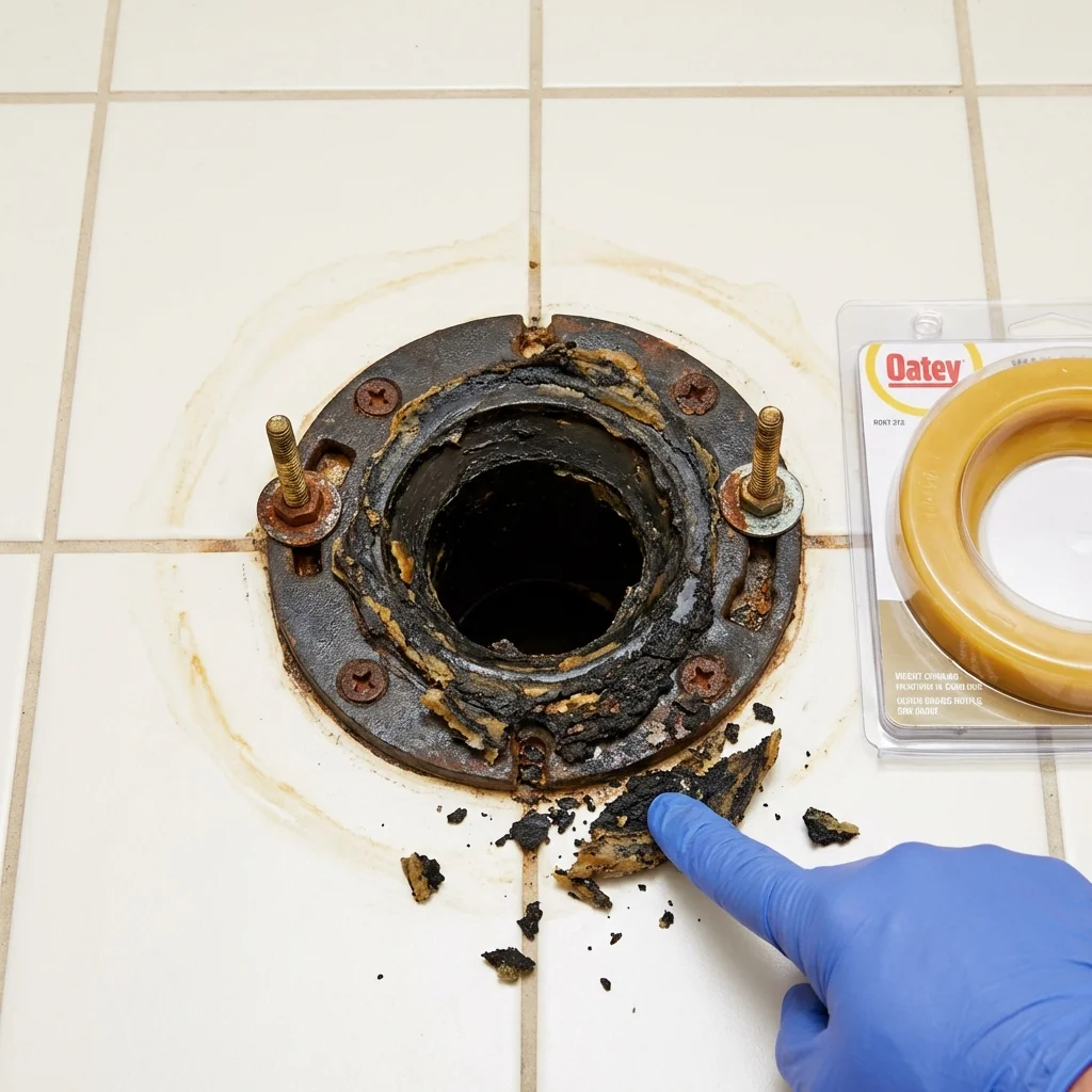 Failed wax ring showing water seepage at the base of a toilet in a Sanger, CA home
